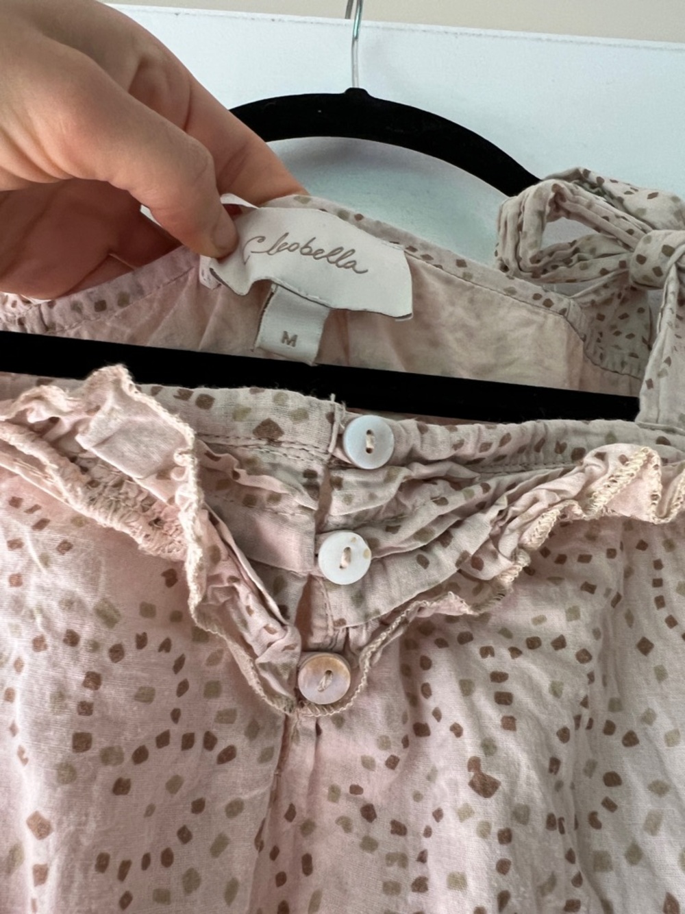 Cleobella Blush Pink Ruffle Button Top with Tan Dot Pattern